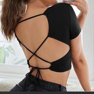 Black crop top with open back and tie details NEVER WORN